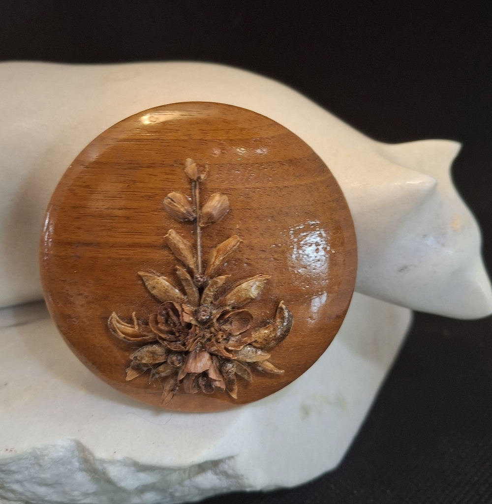 RARE Midcentury Hand Crafted Wooden Brown Floral Carved Brooch CANADIAN